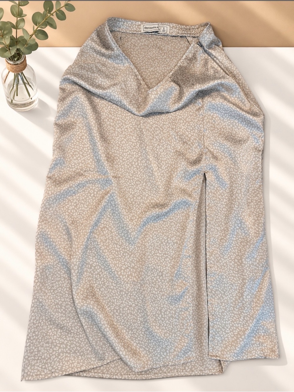 Abercrombie & Fitch Cream Leopard-Print Satin Midi Skirt with Slit
